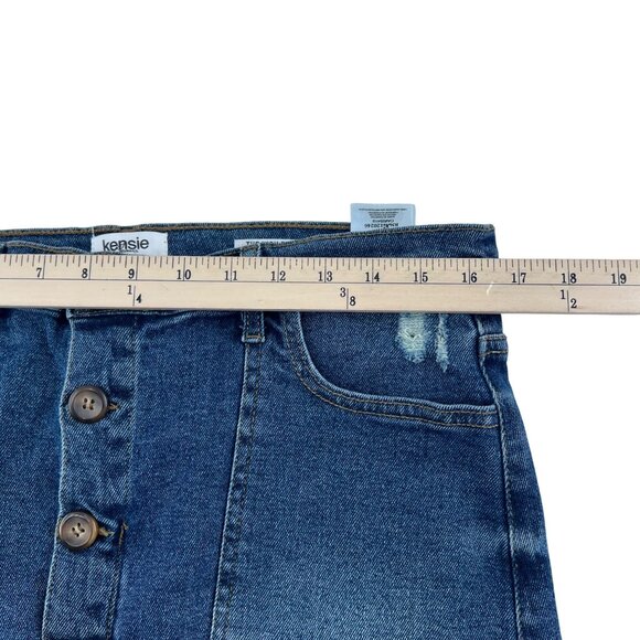 Kensie Jeans Women's High Rise Distressed Denim Skirt Blue Front Button Closure - Picture 4 of 6